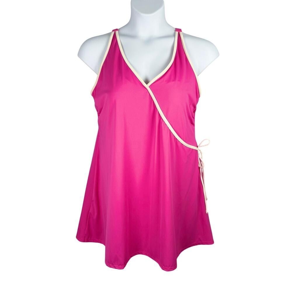 Jessica London Swim Dress Womens 18 Hot Pink White Trim Tie Padded Cups Slimming
